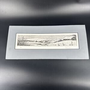 Vintage Black and White Lithograph Country Landscape Print Picture Snowy Winter